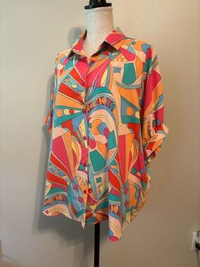 Colletta The Co-op Colorful Abstract Print Blouse - Teal, Coral, Orange
